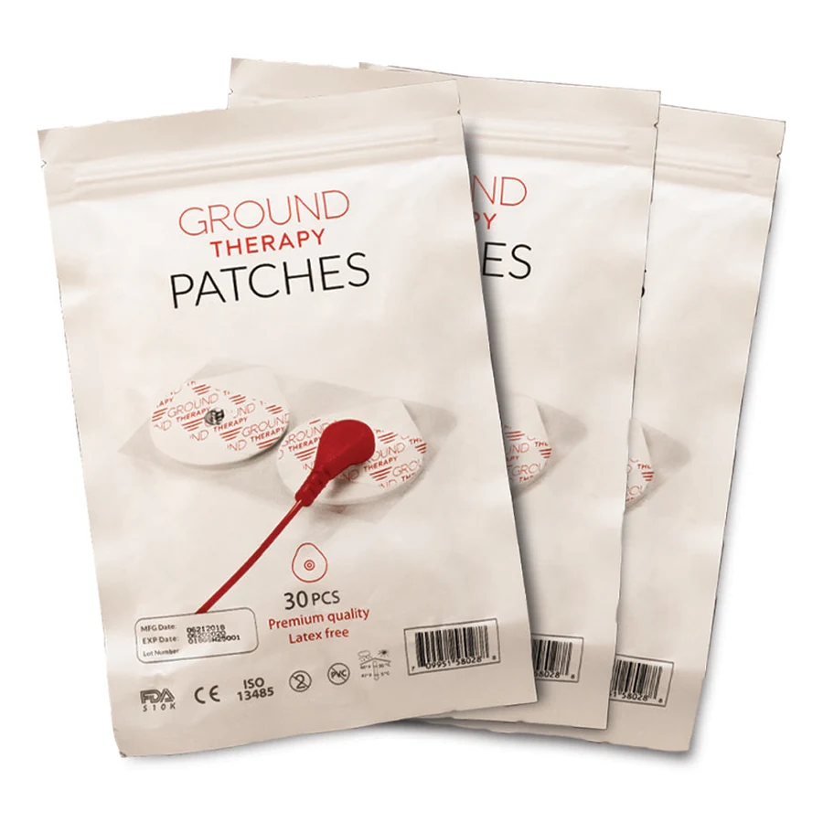 Three sealed Earthing Ground Therapy Patches refill packets, 30 patches each